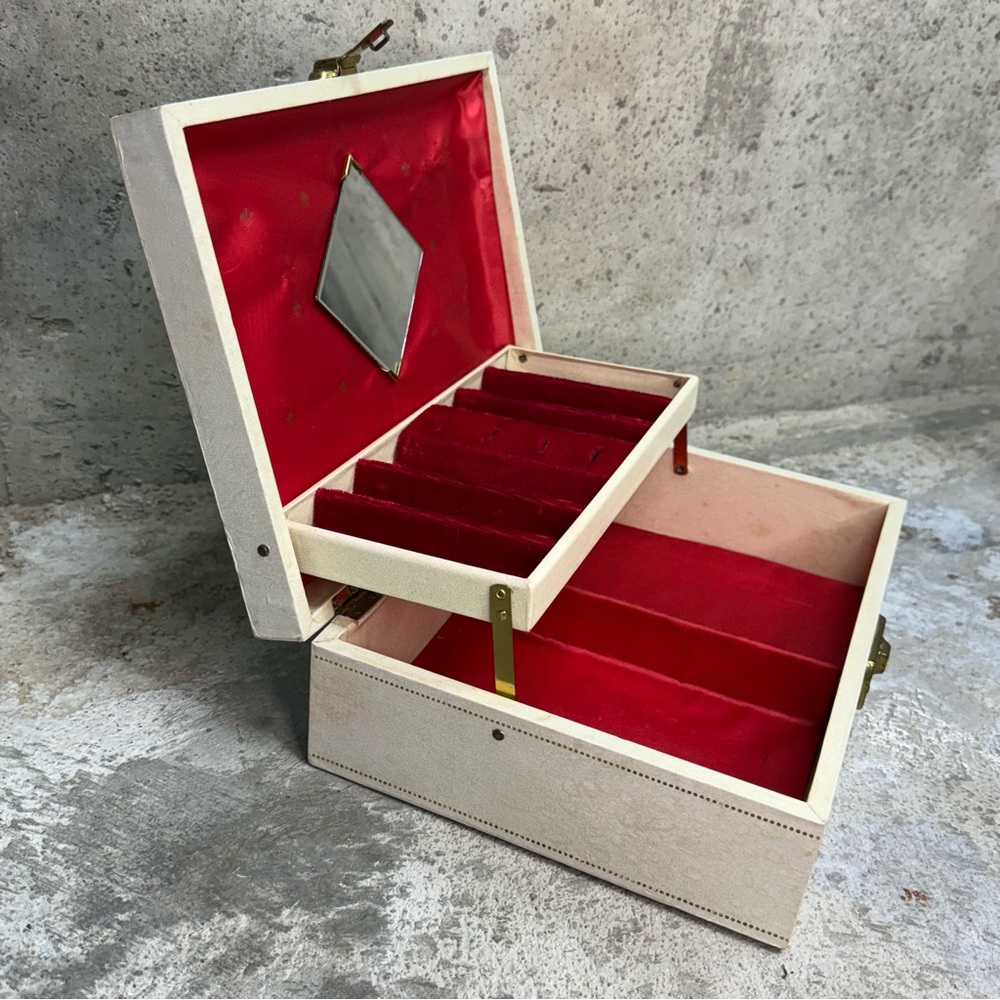 Vintage Mele Jewelry Box Cream Red Velvet 2 Tier Organizer Case